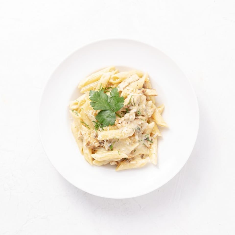 Creamy penne pasta with chicken and parsley on a white plate from By the Bucket.