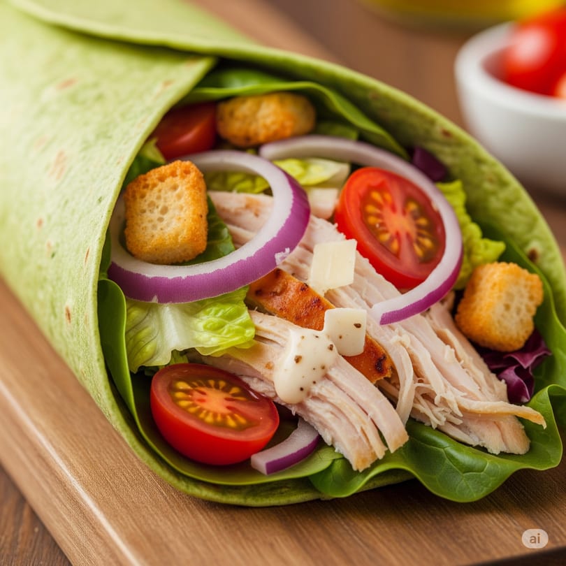 A vibrant green wrap filled with chicken, lettuce, red onions, cherry tomatoes, croutons, and cheese.